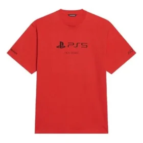 Balenciaga x PlayStation Crossover FW21 Tricou unisex cu mânecă scurtă, imprimeu geometric cu litere PS5, roșu 651795TKVF36552