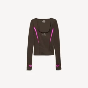Bluză techwear pentru femei, cu mâneci lungi, mulată, în nuanțe de maro kaki/roz neon