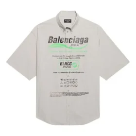 Cămașă bărbătească Balenciaga din bumbac, cu mâneci scurte și croială largă, gri 664627TKM102967