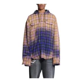 Cămașă cu mâneci lungi, cu glugă, în carouri decolorate „Purple Beige” 699223TMM095212