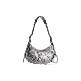 Geantă de umăr mică Le Cagole metalizată „Silver” 6713070GT3Y8103