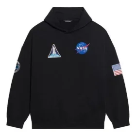 Hanorac bărbătesc Balenciaga x NASA FW21 cu logo crossover, din bumbac, clasic, cu glugă, croi larg, mâneci lungi, negru 651799TKVD81070
