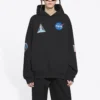 Hanorac bărbătesc Balenciaga x NASA FW21 cu logo crossover, din bumbac, clasic, cu glugă, croi larg, mâneci lungi, negru 651799TKVD81070