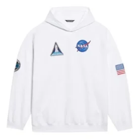 Hanorac clasic cu glugă, mâneci lungi, croi larg, din bumbac, cu logo crossover Balenciaga x NASA FW21 pentru bărbați, alb 651799TKVD89040