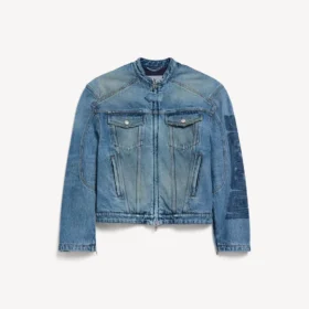 Jachetă de motociclist din denim elastic pentru bărbați, de culoare albastru închis