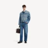 Jachetă de motociclist din denim elastic pentru bărbați, de culoare albastru închis
