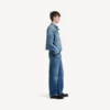 Jachetă de motociclist din denim elastic pentru bărbați, de culoare albastru închis