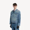 Jachetă de motociclist din denim elastic pentru bărbați, de culoare albastru închis