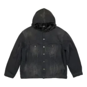 Jachetă din denim cu glugă și nasturi, cu efect decolorat „Black” 724653TNW541129