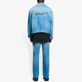 Jachetă din denim pentru bărbați Balenciaga SS21 cu logo clasic, albastru deschis 657608TDW154307