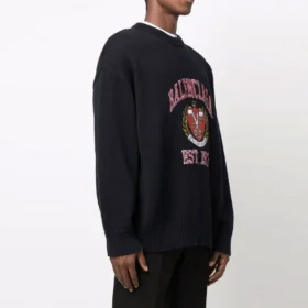 Pulover cu guler rotund și logo „College” Est. 1917 „Negru” 675267T32178065