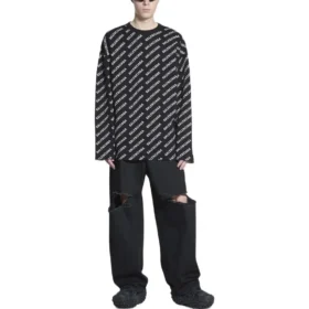 Pulover cu guler rotund și logo pe toată suprafața „Negru Alb” 702952T32331070