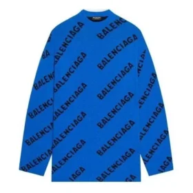 Pulover din lână cu guler rotund și logo pe toată suprafața „Albastru” 657400T15673964 Pulover din lână cu guler rotund și logo pe toată suprafața „Albastru” 657400T15673964