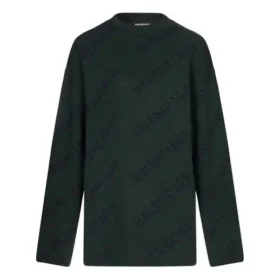 Pulover din lână cu guler rotund și logo pe toată suprafața „Dark Green” 657400T15673050 Pulover din lână cu guler rotund și logo pe toată suprafața „Dark Green” 657400T15673050