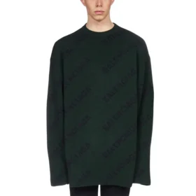 Pulover din lână cu guler rotund și logo pe toată suprafața „Dark Green” 657400T15673050 Pulover din lână cu guler rotund și logo pe toată suprafața „Dark Green” 657400T15673050