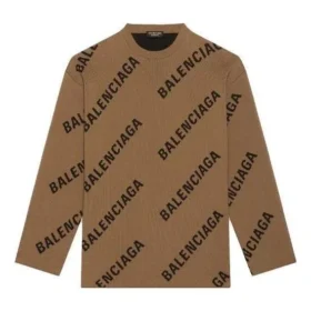 Pulover din lână cu guler rotund și logo pe toată suprafața „Maro deschis” 657401T32002900 Pulover din lână cu guler rotund și logo pe toată suprafața „Maro deschis” 657401T32002900