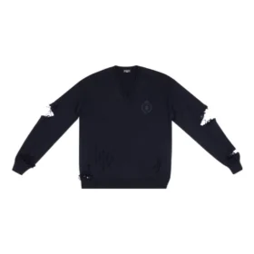 Pulover din tricot cu guler în V și efect distrus „Navy” 696091T16420414 Pulover din tricot cu guler în V și efect distrus „Navy” 696091T16420414
