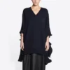 Pulover din tricot cu guler în V și efect distrus „Navy” 696091T16420414