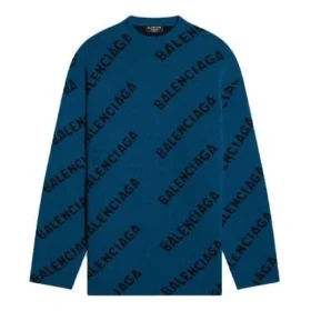 Pulover din tricot de lână cu guler rotund și logo pe toată suprafața „Petrol Blue” 657400T15672470 Pulover din tricot de lână cu guler rotund și logo pe toată suprafața „Petrol Blue” 657400T15672470