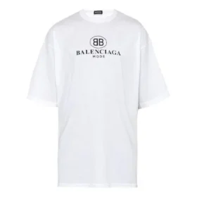 Tricou alb cu guler rotund și mâneci scurte pentru bărbați, cu imprimeu cu logo Balenciaga 556150TYK239000 Tricou alb cu guler rotund și mâneci scurte pentru bărbați, cu imprimeu cu logo Balenciaga 556150TYK239000