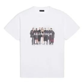 Tricou alb cu mânecă scurtă pentru bărbați Balenciaga cu imprimeu retro al logo-ului „Band Portrait” 612966TIV479000 Tricou alb cu mânecă scurtă pentru bărbați Balenciaga cu imprimeu retro al logo-ului „Band Portrait” 612966TIV479000