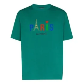 Tricou bărbătesc Balenciaga Paris Love, croi normal, cu imprimeu, mânecă scurtă, verde 594579TGV433640