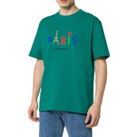 Tricou bărbătesc Balenciaga Paris Love, croi normal, cu imprimeu, mânecă scurtă, verde 594579TGV433640