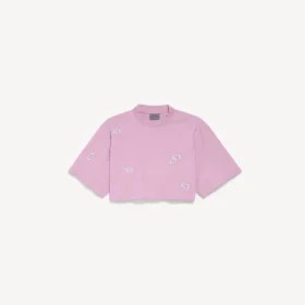 Tricou cropped pentru femei cu 520 de autocolante, în roz vechi/alb
