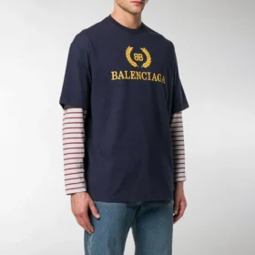 Tricou cu guler rotund și mâneci scurte pentru bărbați, cu logo Balenciaga, albastru marin 535622TAV044128 Tricou cu guler rotund și mâneci scurte pentru bărbați, cu logo Balenciaga, albastru marin 535622TAV044128