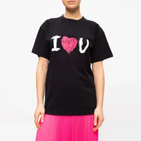 Tricou cu mânecă scurtă și imprimeu „I Love U”, negru 612965TJVL51070 Tricou cu mânecă scurtă și imprimeu „I Love U”, negru 612965TJVL51070