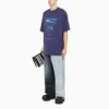 Tricou cu mânecă scurtă pentru bărbați Balenciaga FW21, spălare chimică, imprimeu cu litere, tricot retro, albastru marin 651795TKVF83866