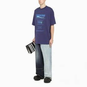 Tricou cu mânecă scurtă pentru bărbați Balenciaga FW21, spălare chimică, imprimeu cu litere, tricot retro, albastru marin 651795TKVF83866