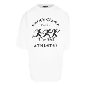 Tricou cu mânecă scurtă pentru bărbați Balenciaga SS21, cu imprimeu de maraton și logo, alb 641614TJVK69040 Tricou cu mânecă scurtă pentru bărbați Balenciaga SS21, cu imprimeu de maraton și logo, alb 641614TJVK69040