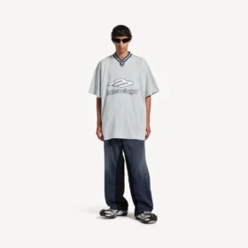 Tricou de fotbal pentru bărbați 3b cu guler în V, croială oversized, în culorile gri/alb