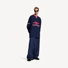 Tricou de fotbal pentru bărbați 3b, cu mâneci lungi și guler în V, în culoarea albastru închis/roșu