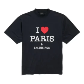 Tricou I Love Paris & Balenciaga, croială medie, „Black Faded” 764235TRVU91041
