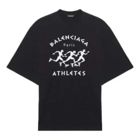 Tricou pentru bărbați Balenciaga cu imprimeu de alergare și logo, croială largă, mânecă scurtă, negru 641614TJVK61070 Tricou pentru bărbați Balenciaga cu imprimeu de alergare și logo, croială largă, mânecă scurtă, negru 641614TJVK61070