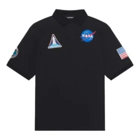 Tricou Polo pentru bărbați Balenciaga x NASA Crossover FW21, din bumbac cu imprimeu spațial, culoare solidă, negru 662493TKVG11070