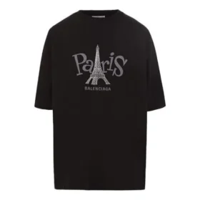 Tricou unisex cu guler rotund și imprimeu Paris, negru 594599TGV661000